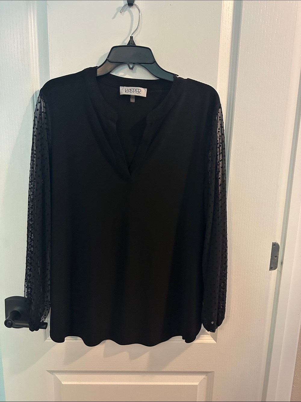 Kasper Black V-Neck Blouse with Sheer Dot Sleeve Accents